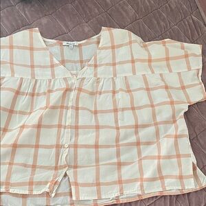 Madewell Peach and White Plaid Blouse